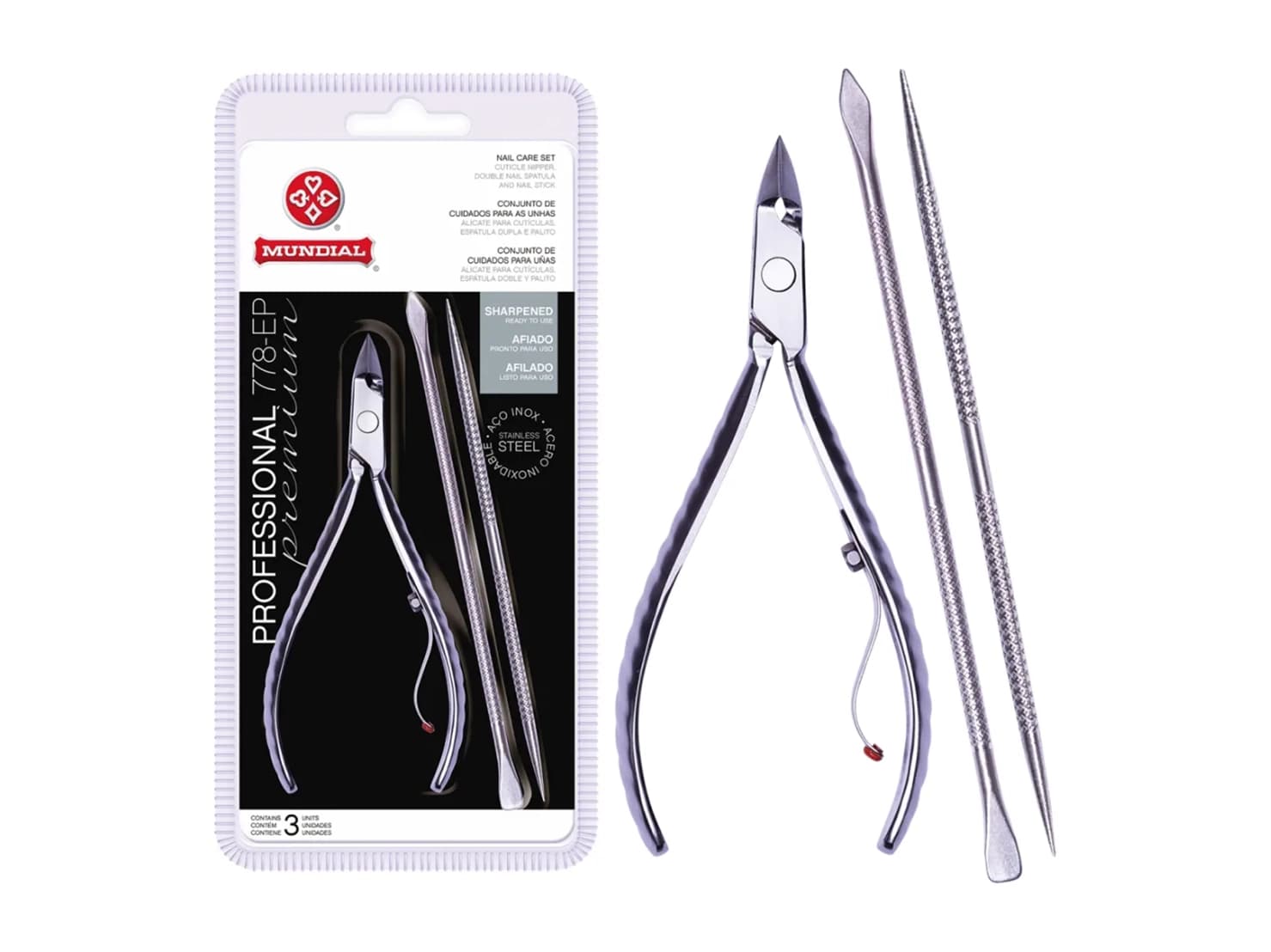 Kit Alicate + Palito + Empurrador Inox de Cutícula Professional 778EP Mundial Personal Care