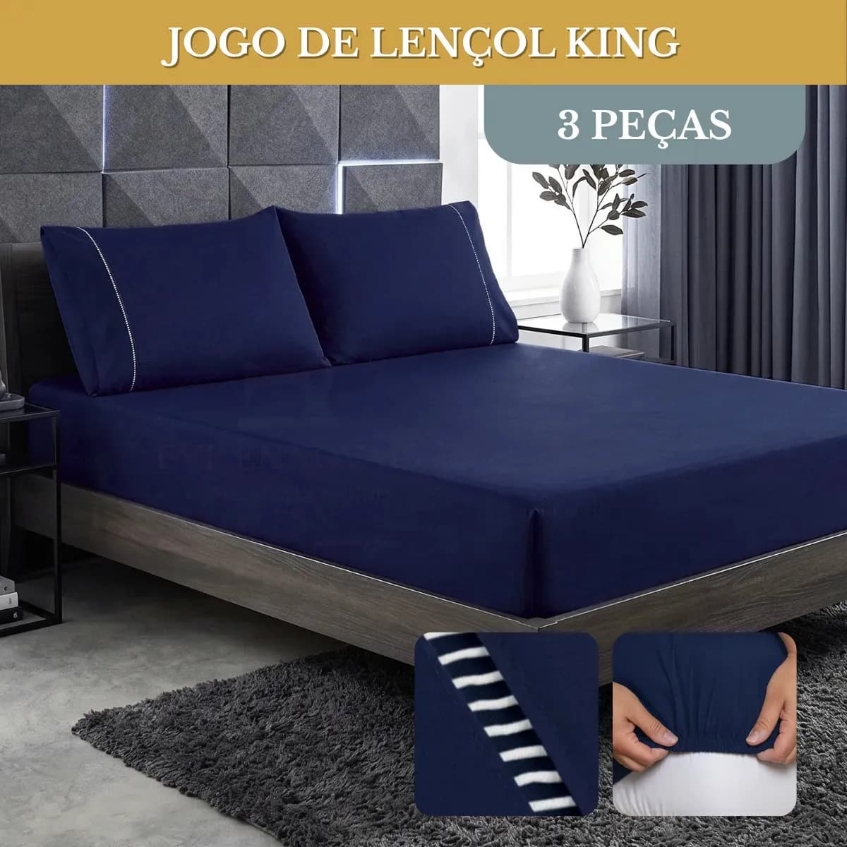 Jogo de Lençol King 3 Peças 400 Fios Ponto Palito Azul-Marinho