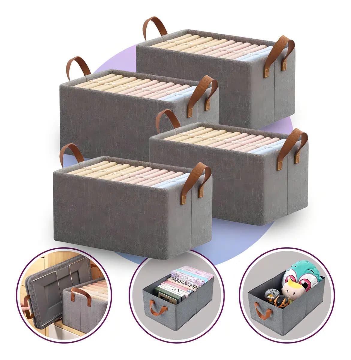 Kit 4 Caixas Organizadoras Dobráveis de Tecido Cinza 47x28x20cm