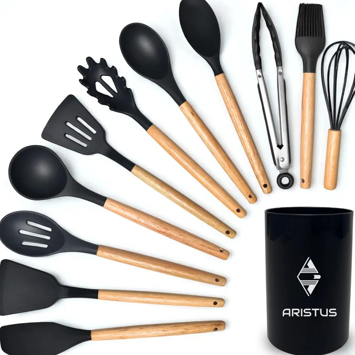Kit 12 Utensílios de Cozinha em Silicone com Cabo de Madeira Aristus