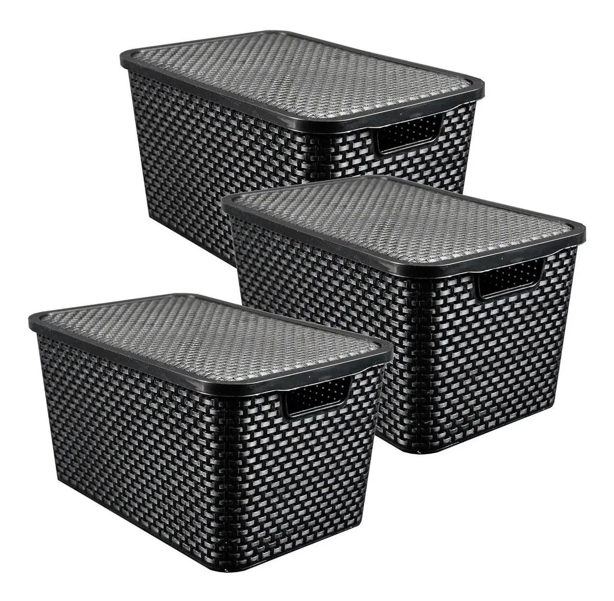 Kit 3 Caixas Organizadoras Rattan 7L com Tampa Preta Arqplast