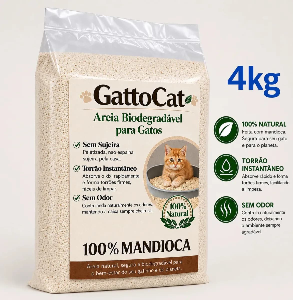 Areia GattoCat 100% Mandioca Grão Fino Biodegradável 4kg