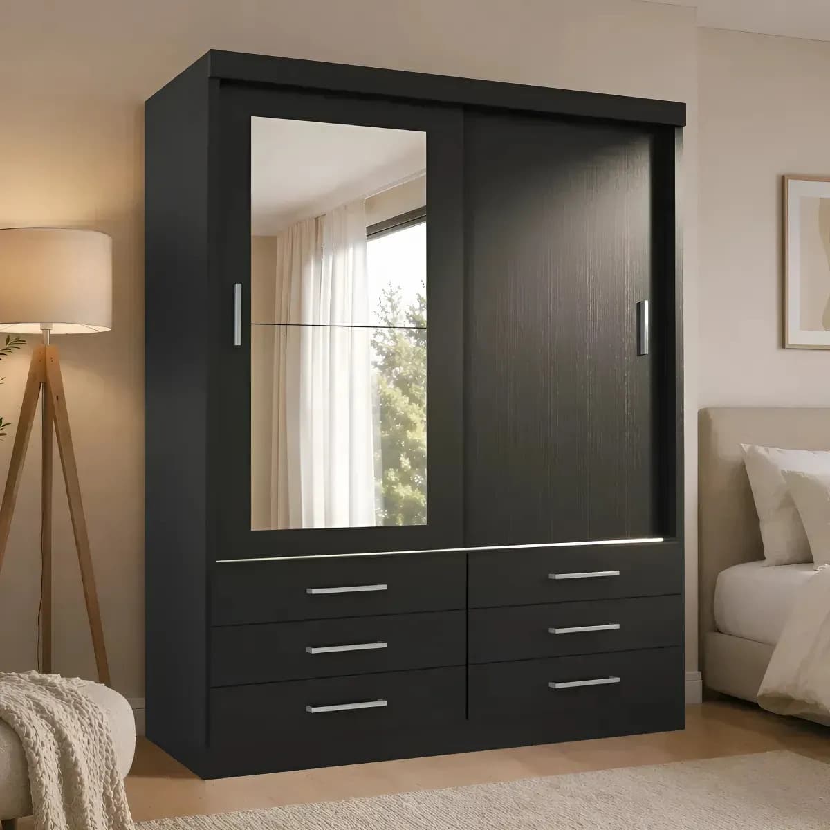 Guarda-roupa Solteiro Capri 2 Portas 6 Gavetas com Espelho Ônix