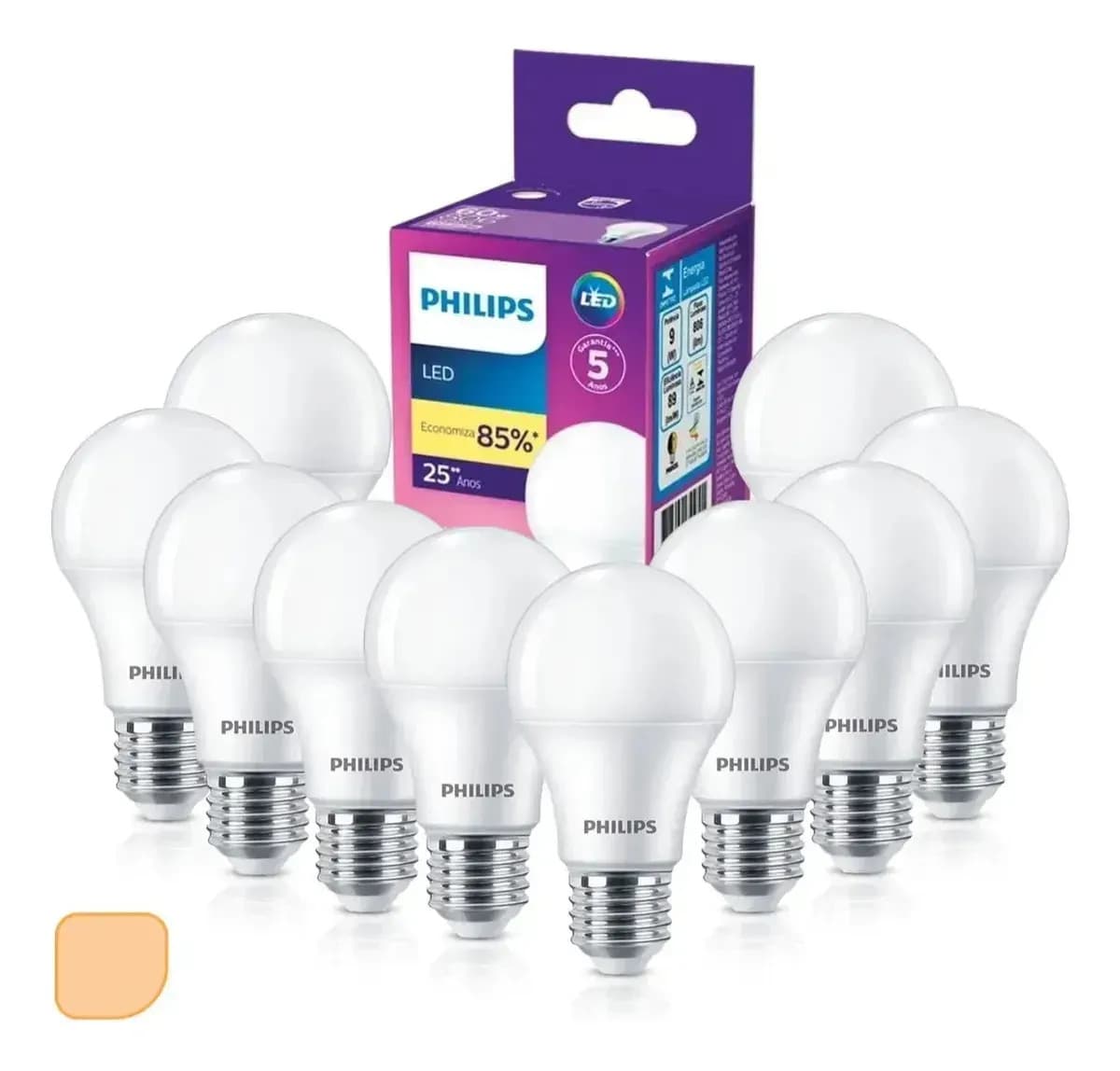 Kit 10 Lâmpadas LED Philips Bulbo A60 9W 3000K 806lm Branco Quente Bivolt