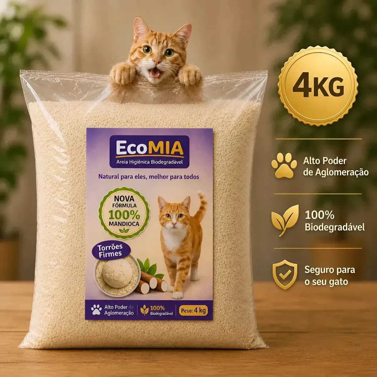 Areia EcoMia Mandioca Grão Fino Biodegradável 4kg