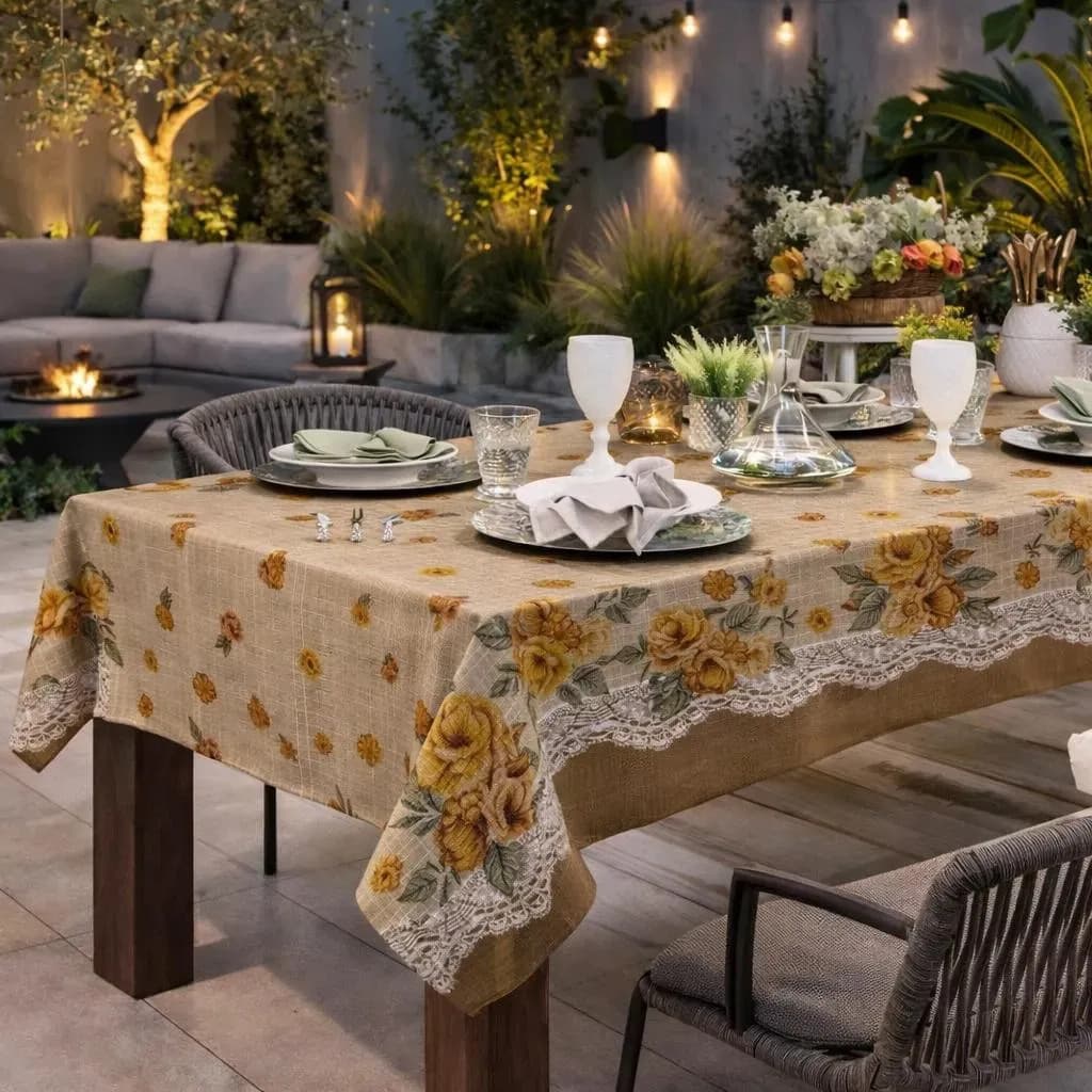 Toalha de Mesa Retangular 6 Lugares Rústica Floral em Linhão 1,40x2,10m